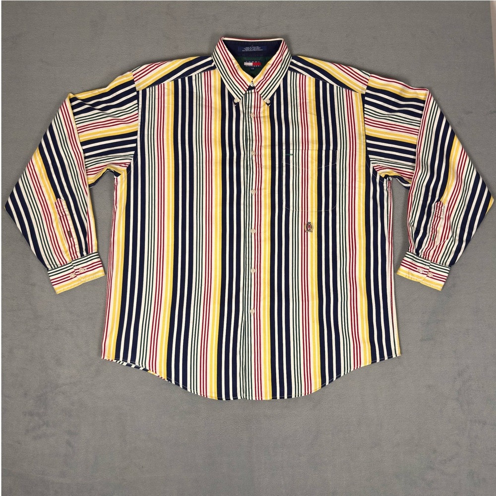 Vintage 90s Tommy Hilfiger Striped Button Down Shirt Crest Multicolor Mens L